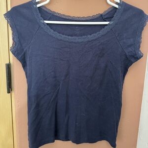 Brandy Melville Navy Lace Trim Short Sleeve Tee